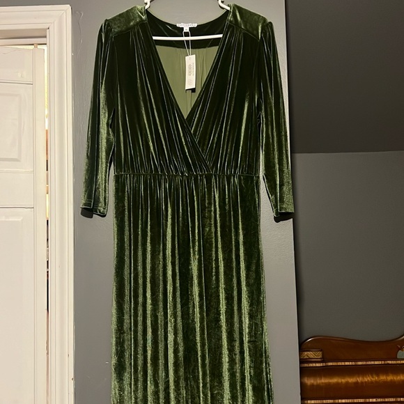 Baltic Born Long Sleeve Velvet Dress in Olive Green - Picture 2 of 7